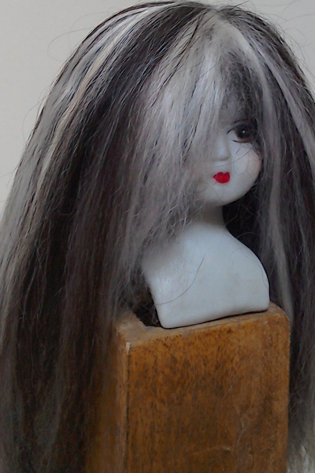Black with Ivory Highlights Suri Alpaca Doll Wig