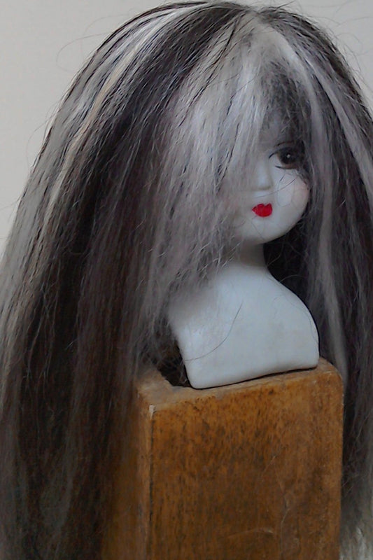 Black with Ivory Highlights Suri Alpaca Doll Wig