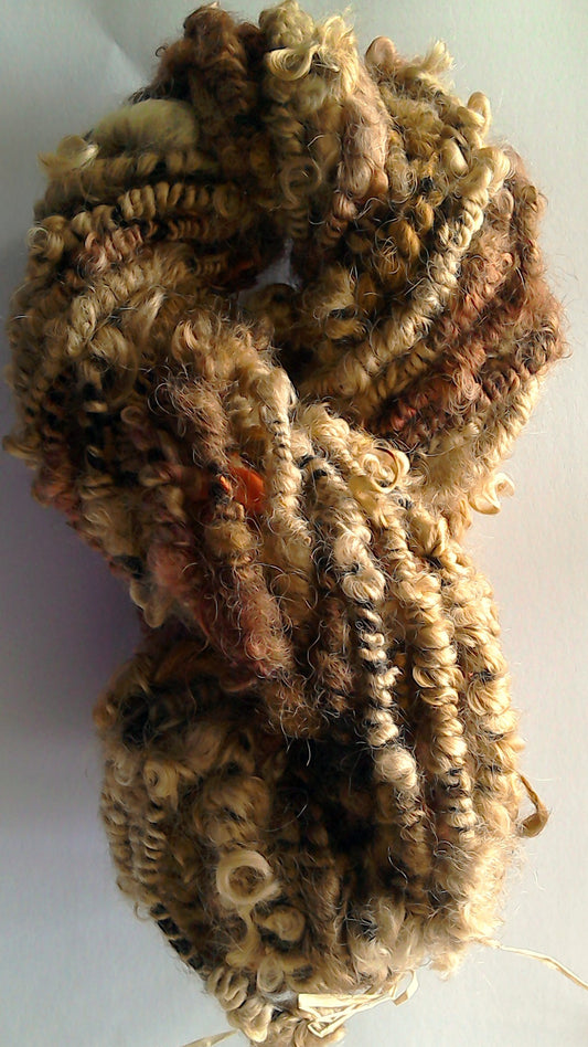 Coiled Wensleydale Doll hair yarn in Burnt Tan and Blonde