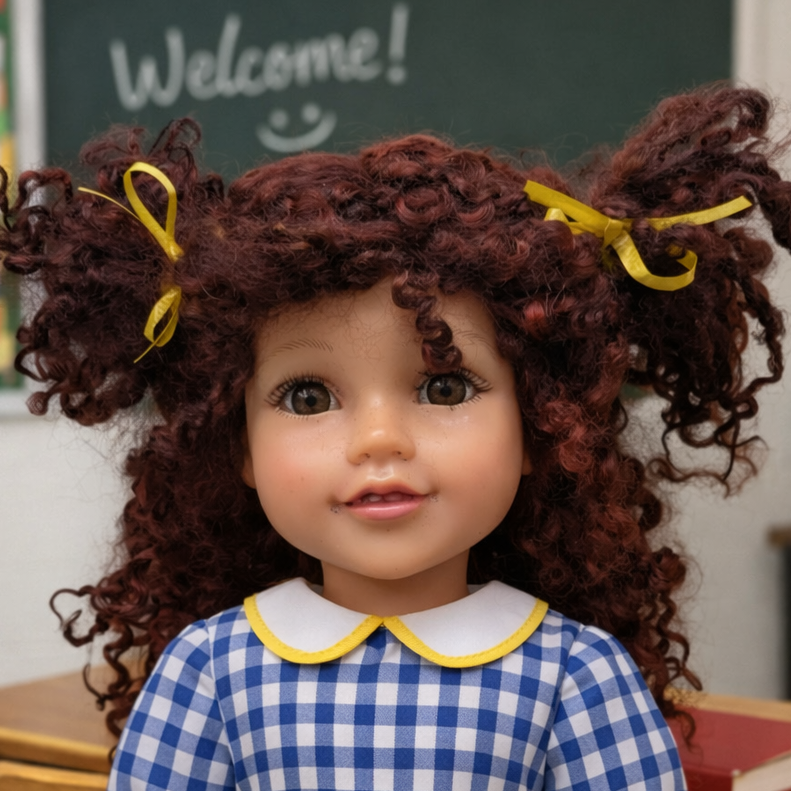 Doll in a blue checkered dress with classroom background